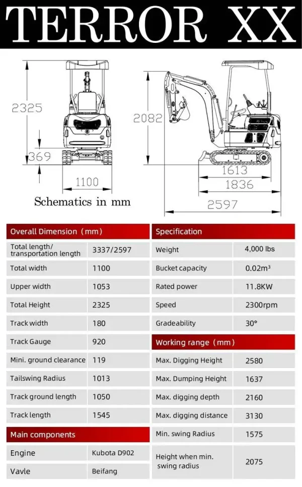 2025 4,000 lb TYPHON TERROR XX Mini Excavator Rubber Track with Kubota D902 Diesel Engine USA - Image 7