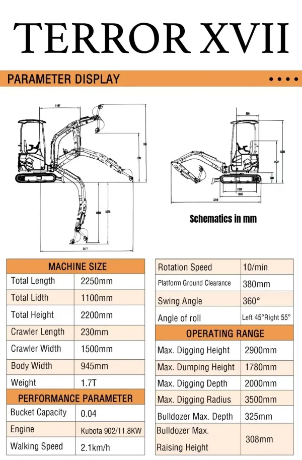 2025 3800 lb TYPHON TERROR XVII Mini Excavator Rubber Track with Kubota D902 Diesel Engine - Image 4